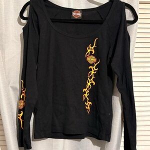 Harley-Davidson Black Long-Sleeve Cold-Shoulder Top with Flame Logo